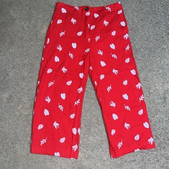 Ann Taylor Linen Blend Plant Leaf Embroidered Wide Leg Crop Pant Red 10 - Picture 3 of 11